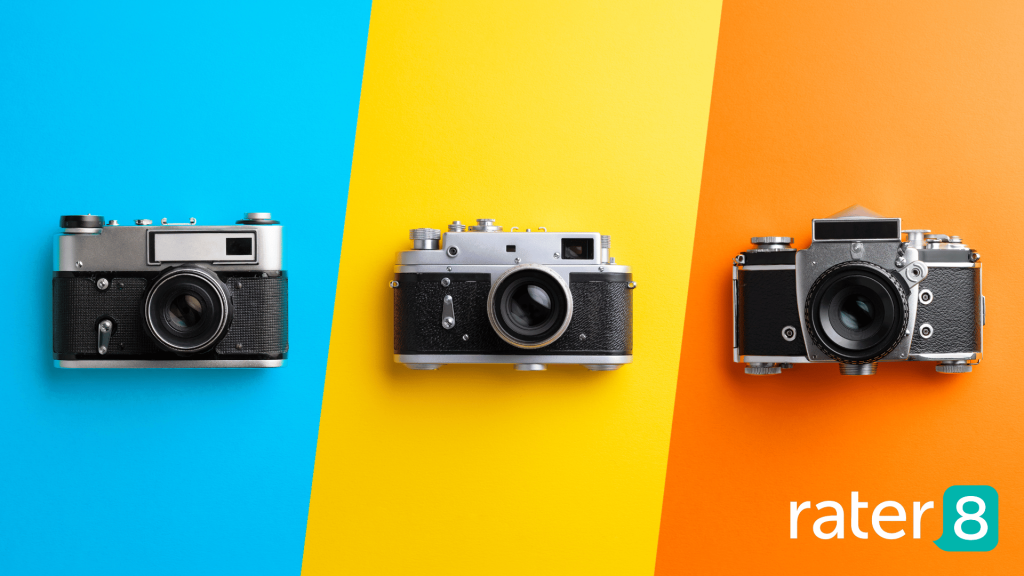 Multiple cameras over a colorful background; Google Business Photo Guide