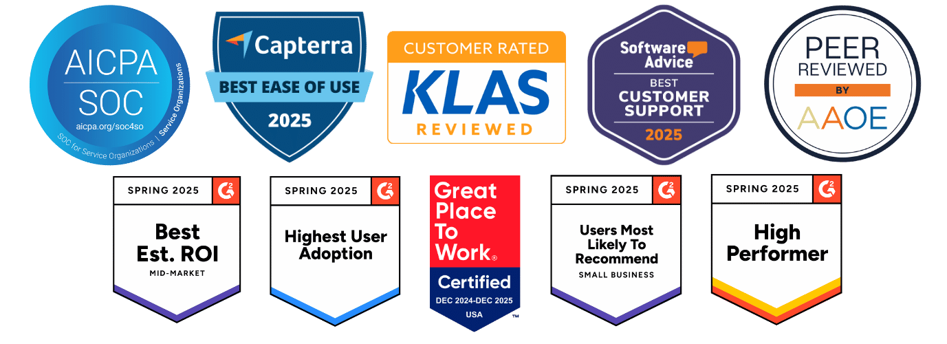 rater8 is KLAS reviewed and AAOE Peer Reviewed; rater8 is SOC 2-certified; rater8 was awarded Best Ease of Use in Capterra's reputation management software category for 2023; rater8 earned G2 awards for Best MId-Market Est. ROI, Highest User Adoption, and several others for Winter 2025; rater8 earned Most Recommended from Software Advice from 2025; rater8 is a certified Great Place To Work
