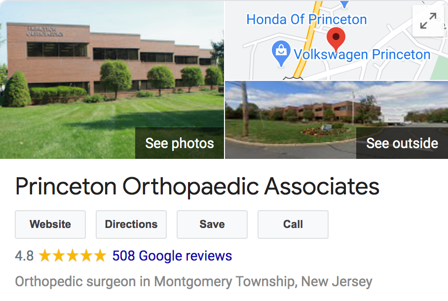 Princeton Orthopaedic Associates Google My Business profile with 4.8 stars overall and over 500 reviews