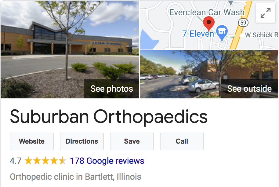 Suburban Orthopaedics Google My Business profile with 4.7 stars overall and nearly 200 reviews.