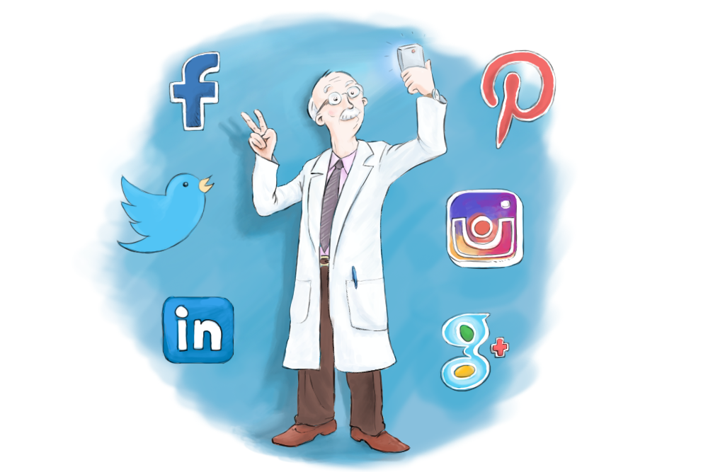 social media for medical practices; a doctor takes a selfie while social media icons float around him