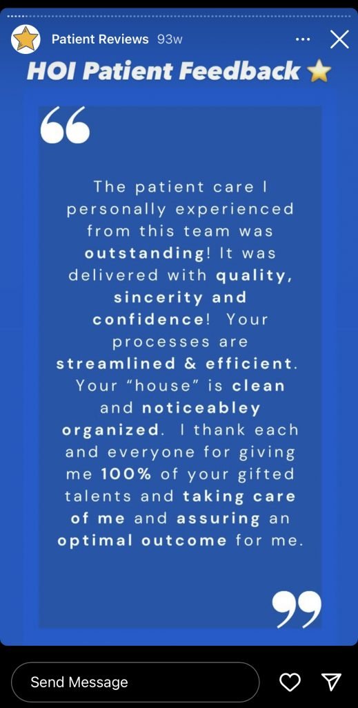 Second template for a patient testimonial on an Instagram story; social proof