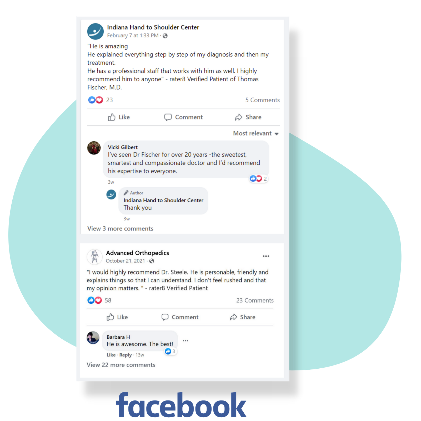 rater8 Social; Facebook feed featuring testimonial-grade 5-star reviews from patients