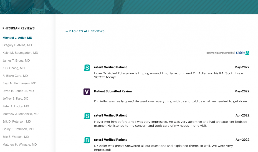 rater8's testimonial widget featured on the Orthopedic Institute's website