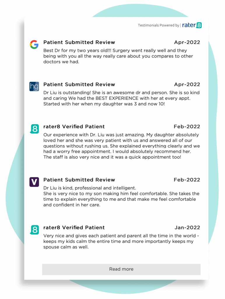rater8 testimonials widget embedded in a doctor's profile on a practice website