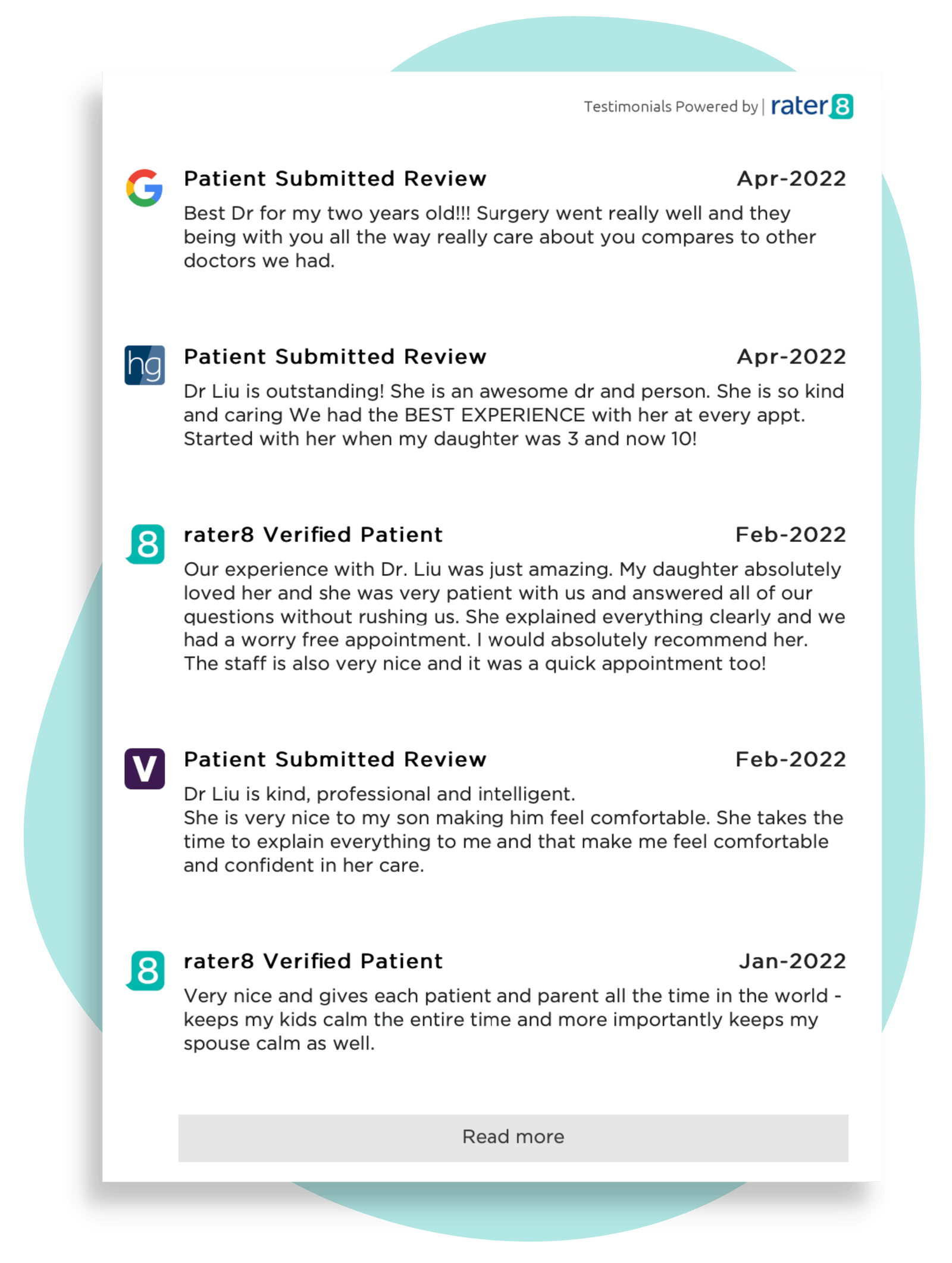 rater8 testimonials widget embedded in a doctor's profile on a practice website