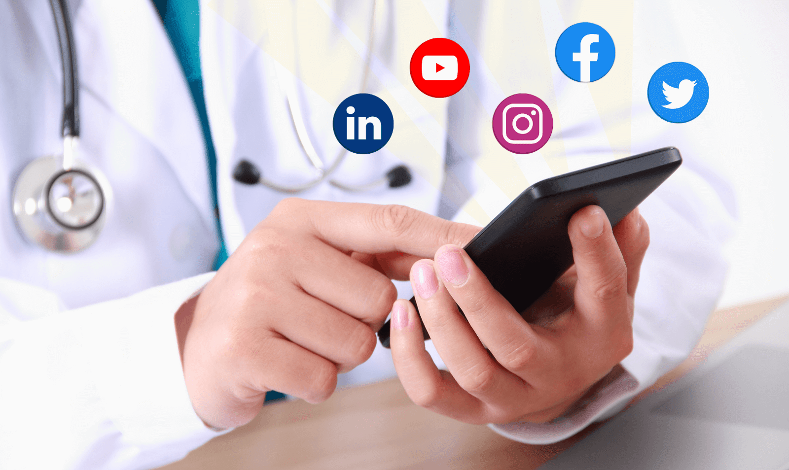 Differences between social media platforms; a doctor uses a smartphone, and social icons float around the phone