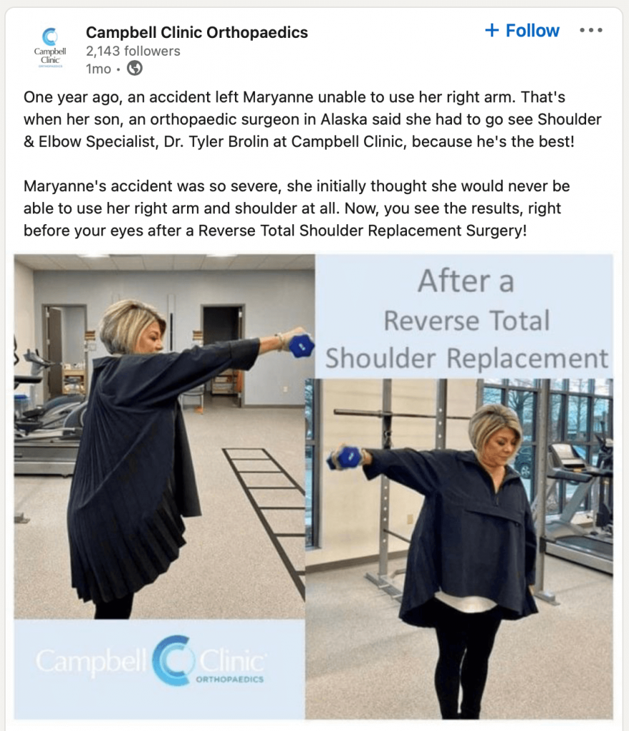 Campbell Clinic patient story; social media content ideas for doctors