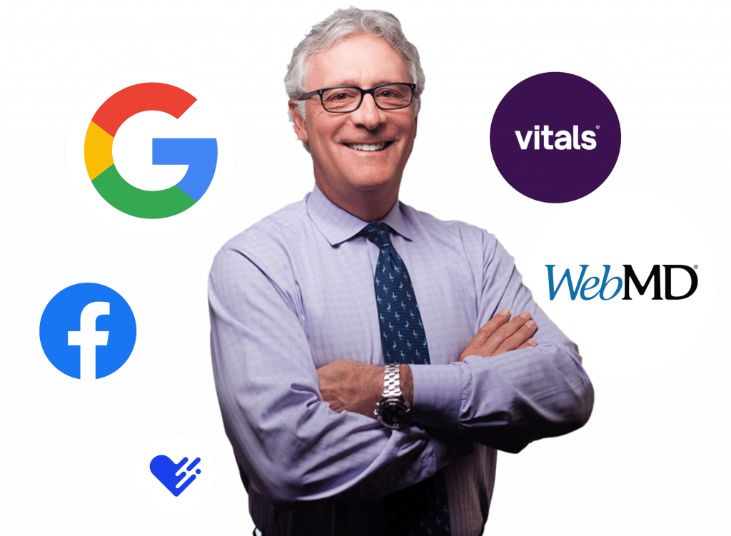 Doctor in a tie and long-sleeve shirt stands in front of logos for healthcare review services, including Google, Vitals, WebMB, and more.