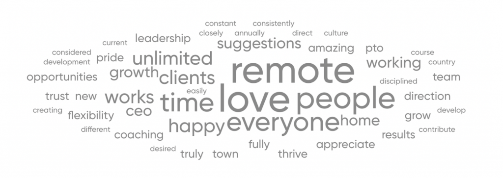Words most commonly used by rater8 employees in the Great Place to Work survey include love, remote, people, everyone, time, happy, suggestions, amazing, unlimited, clients, and more.
