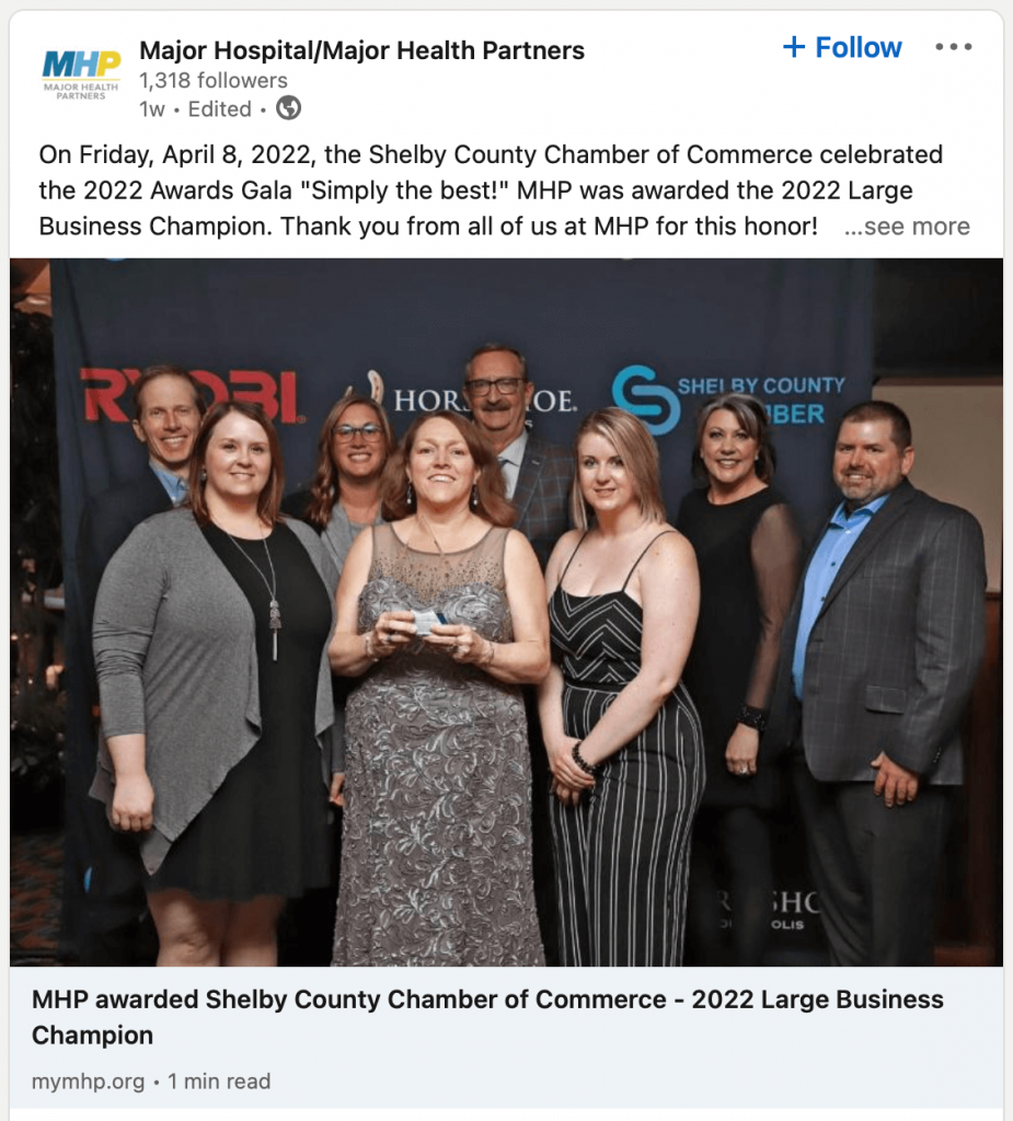 Major Health Partners award post and article; social media content ideas for doctors