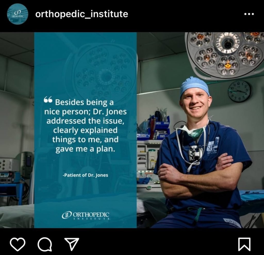 Orthopedic Institute patient testimonial; social media content ideas for doctors