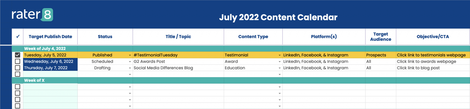 rater8 Social Media Template Package; Content Calendar