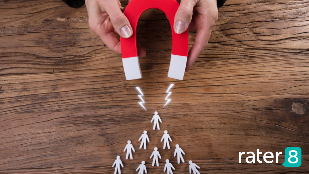 rater8's ultimate guide to patient acquisition; a person holds a magnet that little people figurines are drawn to