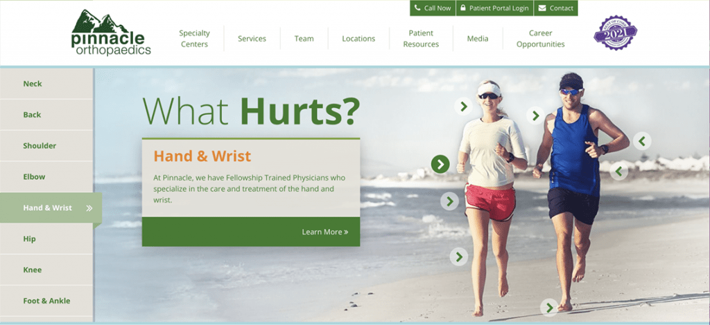 Pinnacle Orthopaedics' website homepage; rater8's guide to patient acquisition