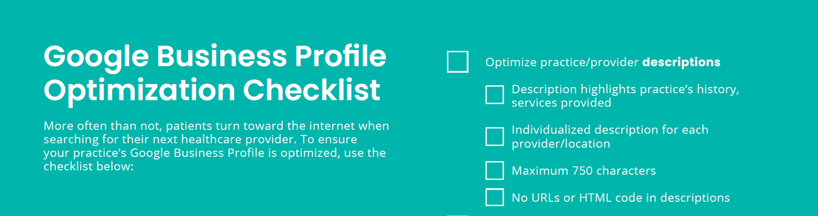 Google Business Profile Optimization Checklist; rater8 free healthcare marketing guide