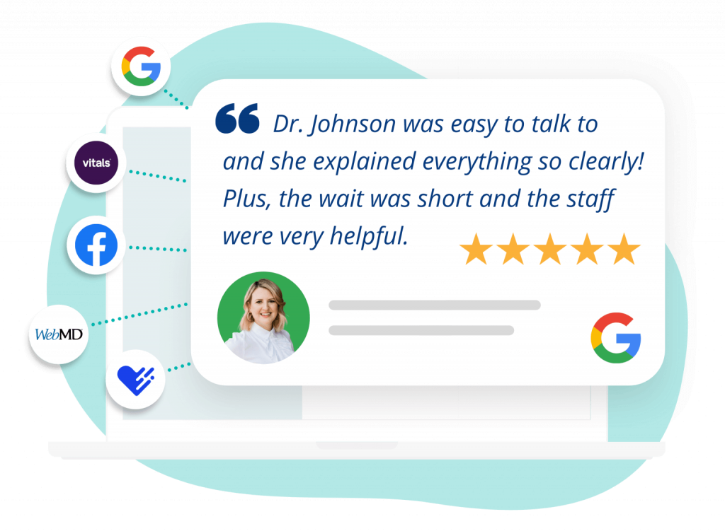 5-star Google review in front of laptop, surrounded by logos for Google, Vitals, Facebook, and WebMD