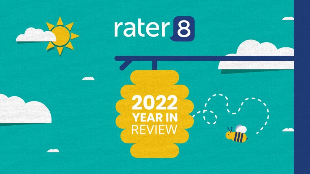 rater8 2022 Year in Review graphic, featuring rater8 logo, bee hive, and bee.