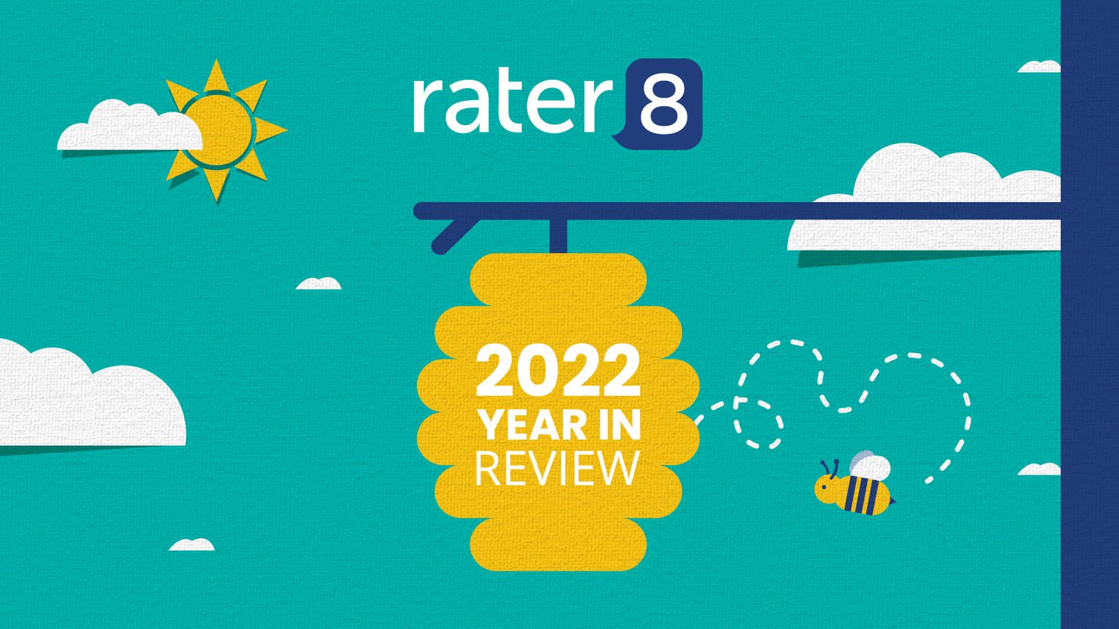 rater8 2022 Year in Review graphic, featuring rater8 logo, bee hive, and bee.