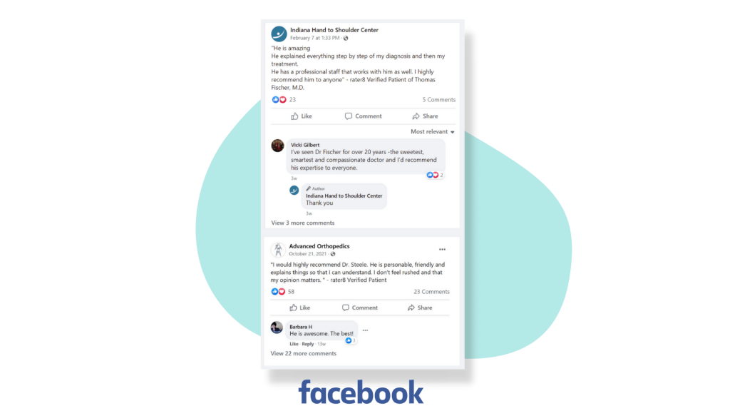 Screenshot of rater8 social in action, adding reviews to Facebook pages for local practices.
