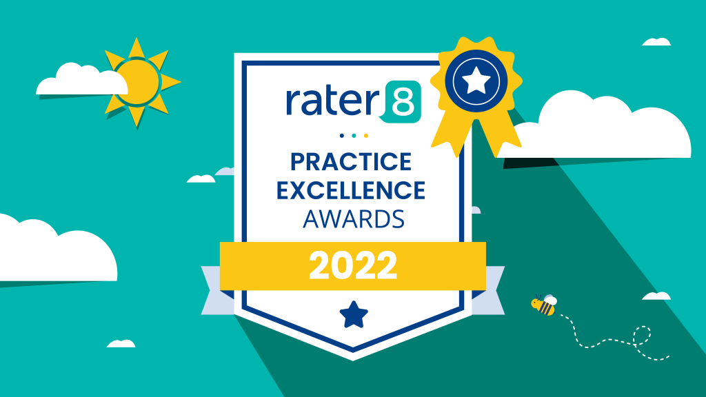 Featured image for rater8's 2022 Practice Excellence awards — a badge with a ribbon on a teal background.