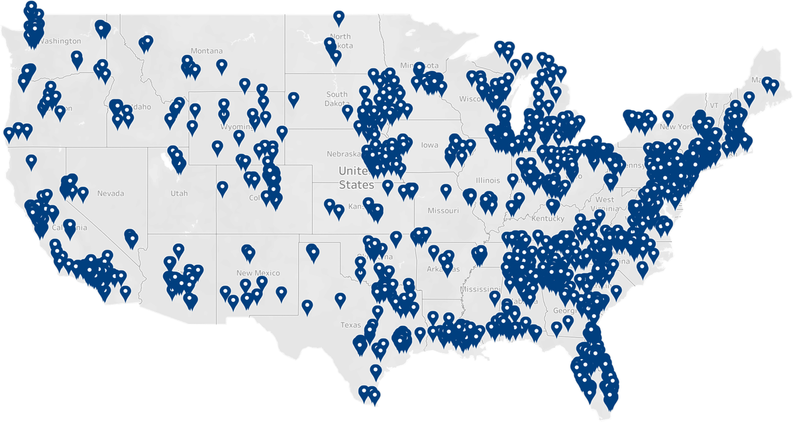 A U.S. map featuring all rater8 practices nationwide