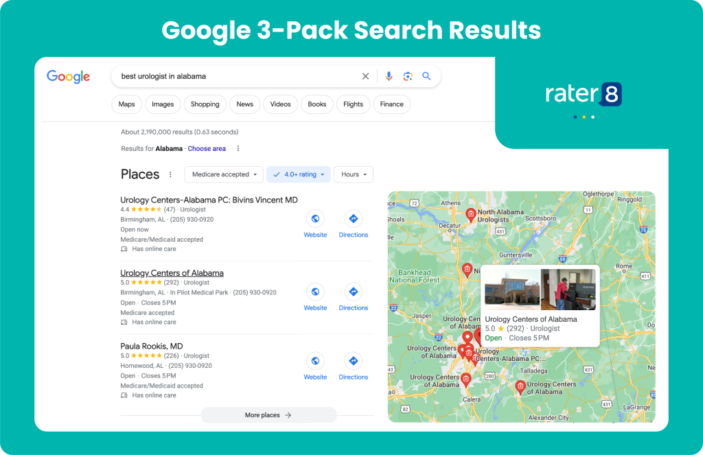 Urology Centers of Alabama Google 3-Pack results, in which the practice dominates all three spots
