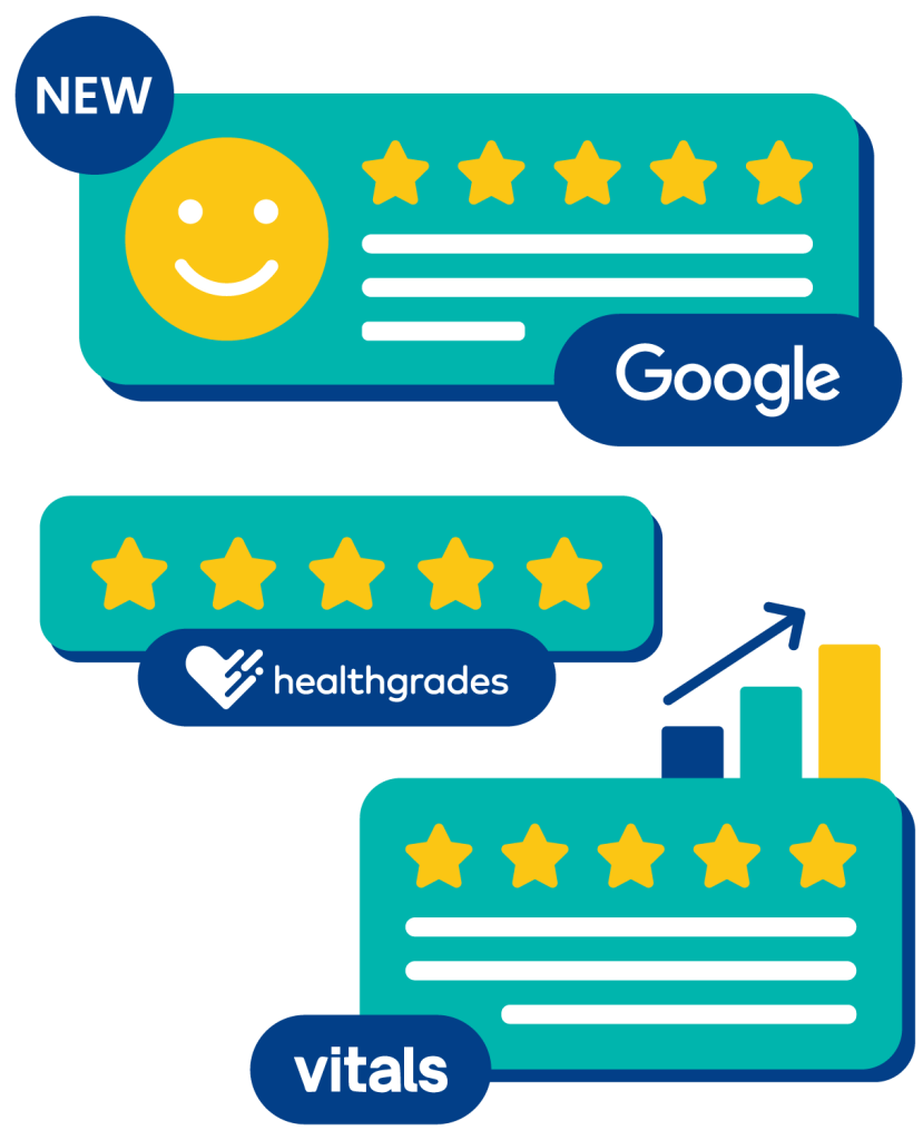 5-star reviews from Google, Healthgrades, and Vitals