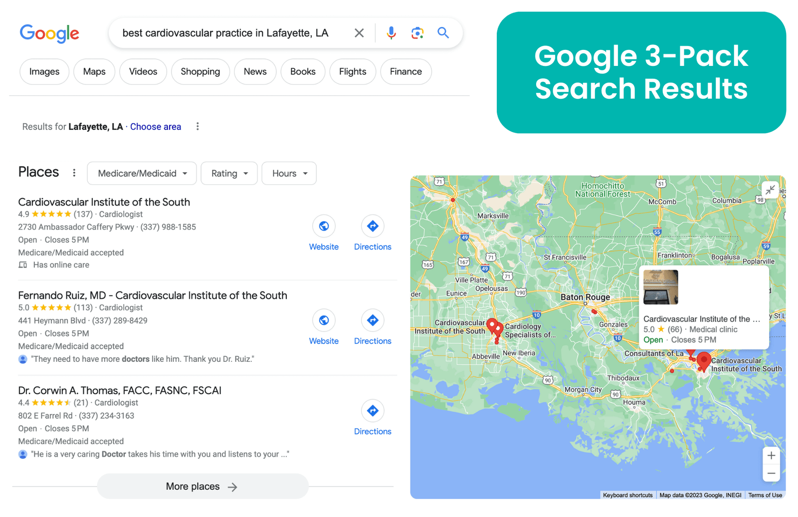 Cardiovascular Institute of the South dominates local search results for nearly every relevant search terms