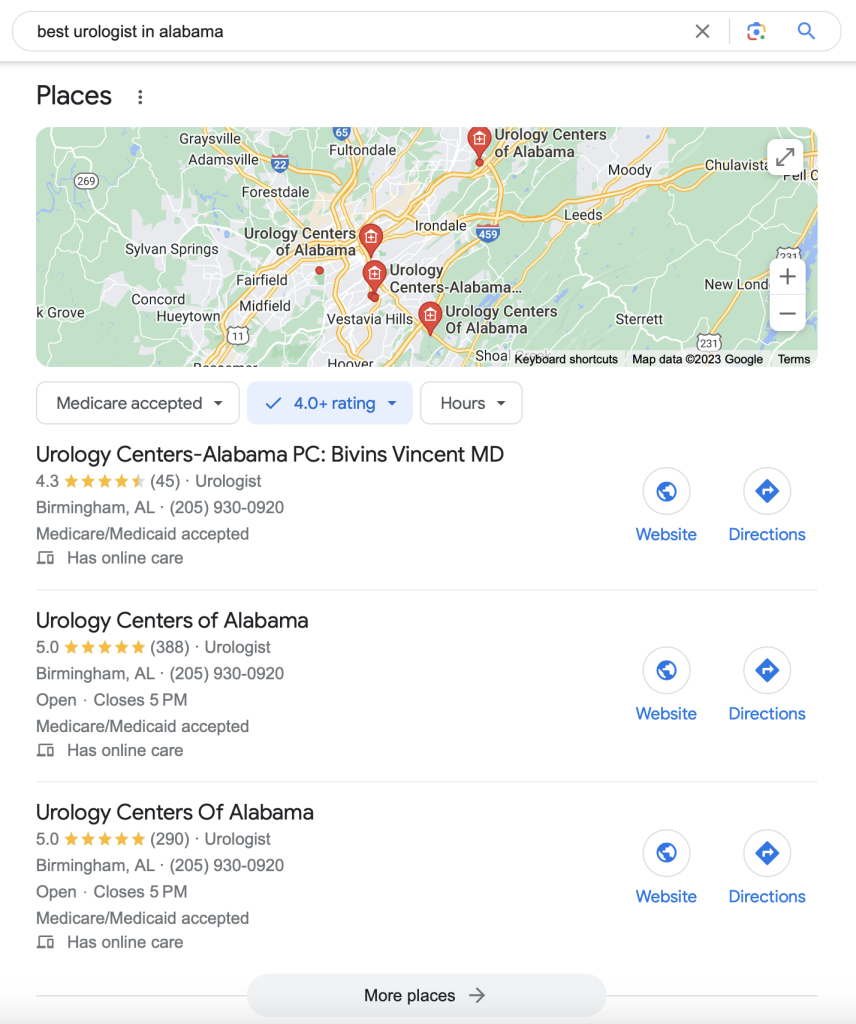 Urology Centers of Alabama Google 3-Pack Results