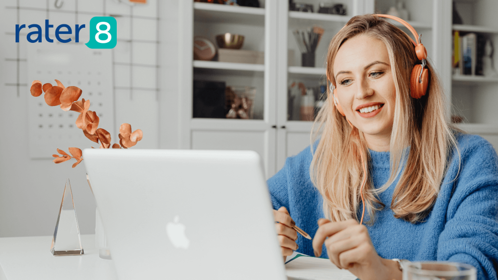 Effective onboarding with rater8; woman with headphones on a laptop