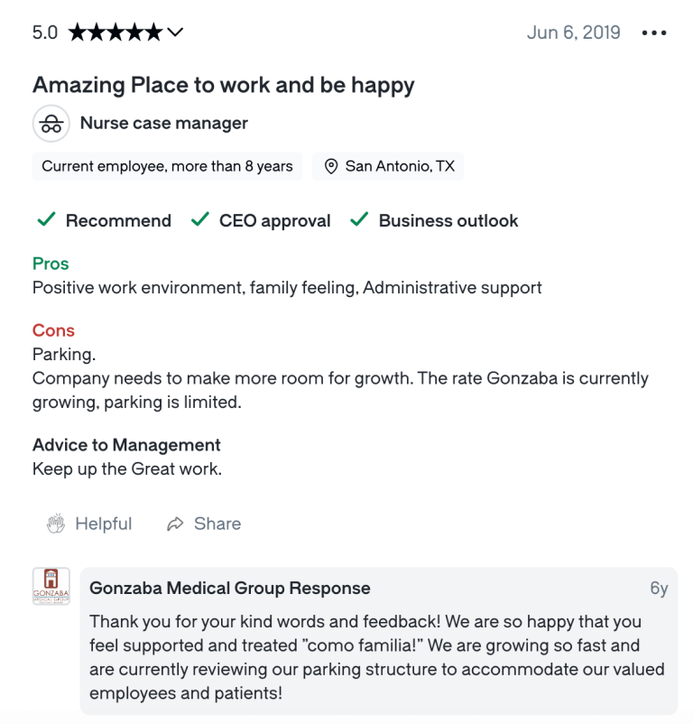 Anonymous 5-star employee review on Gonzaba Medical Group's Glassdoor page
