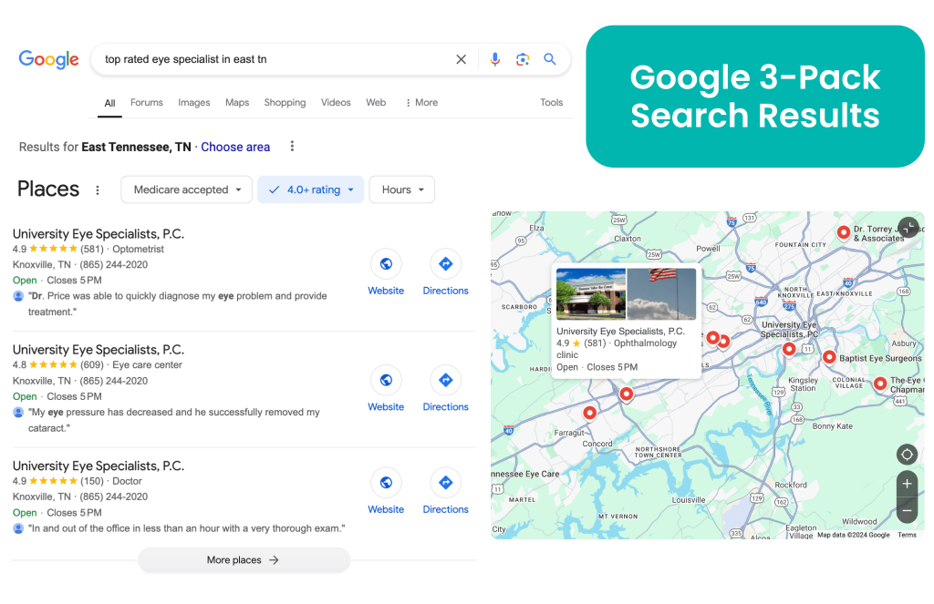 University Eye Specialists Google 3-Pack results, in which the practice dominates all three spots