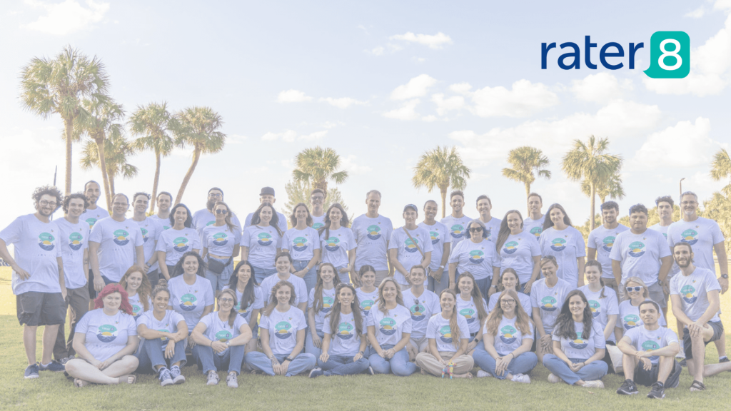 Group photo of rater8 employees at an in-person work retreat