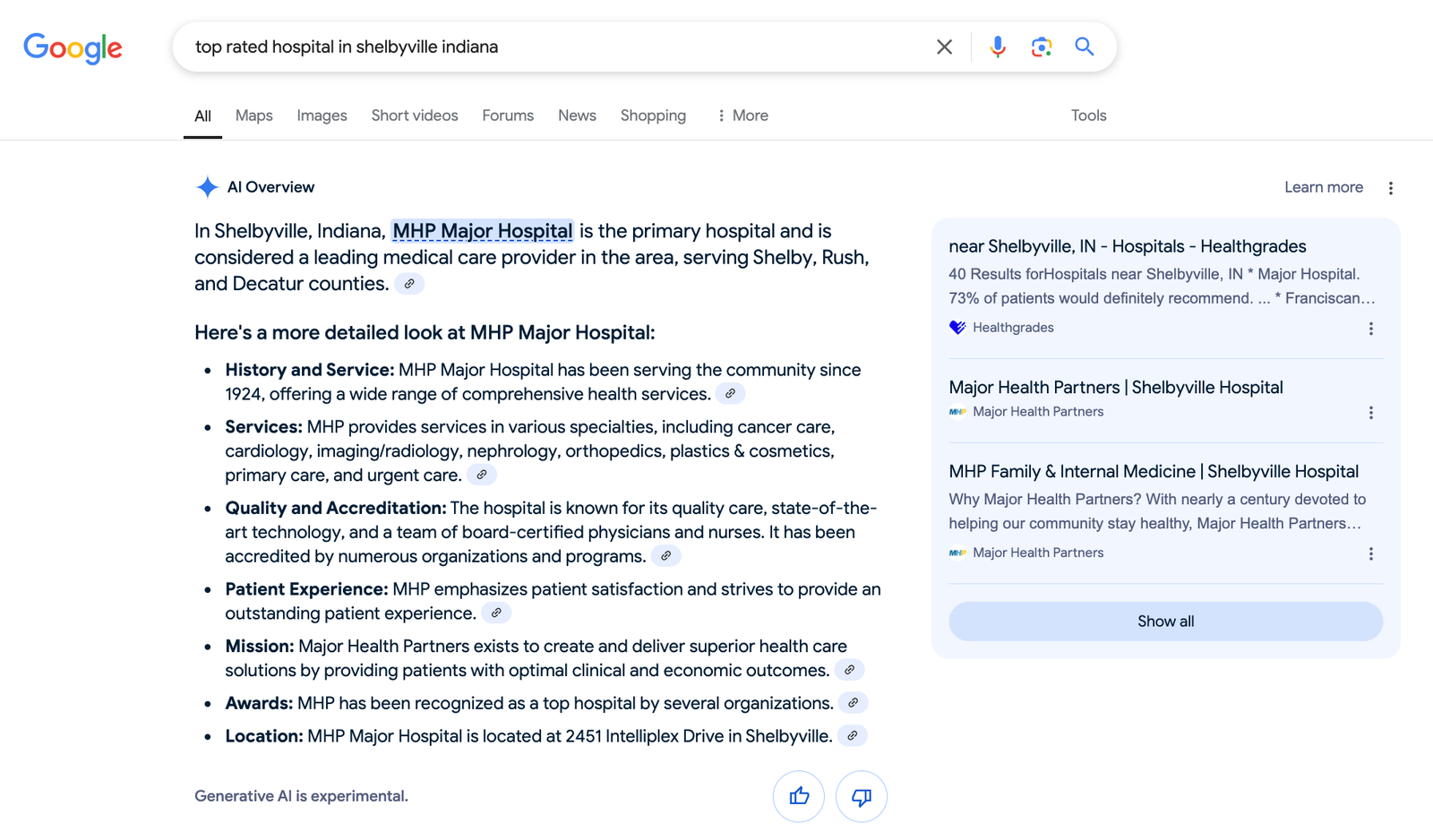 Example of Google AI Overview with the query: "top rated hospital in Shelbyville Indiana"