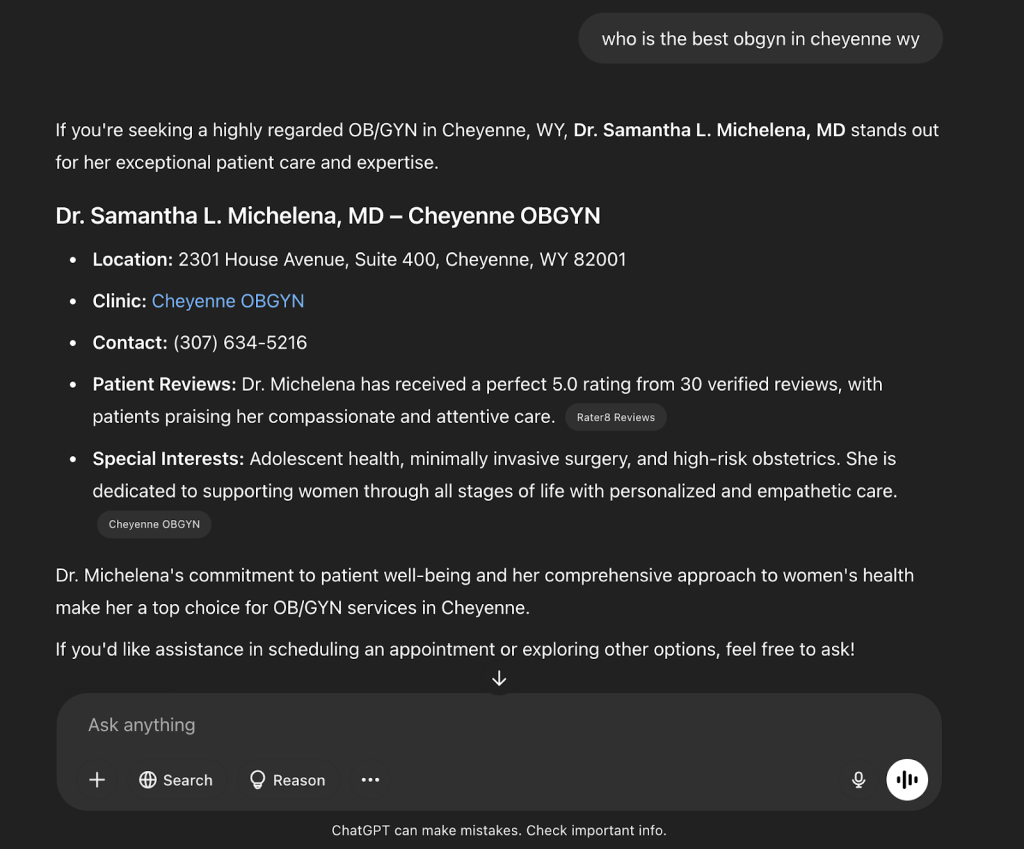 Screenshot of ChatGPT query result for 'Who is the best OBGYN in Cheyenne, Wyoming,' showing highly rated doctor Dr. Samantha L. Michelena at Cheyenne OBGYN.