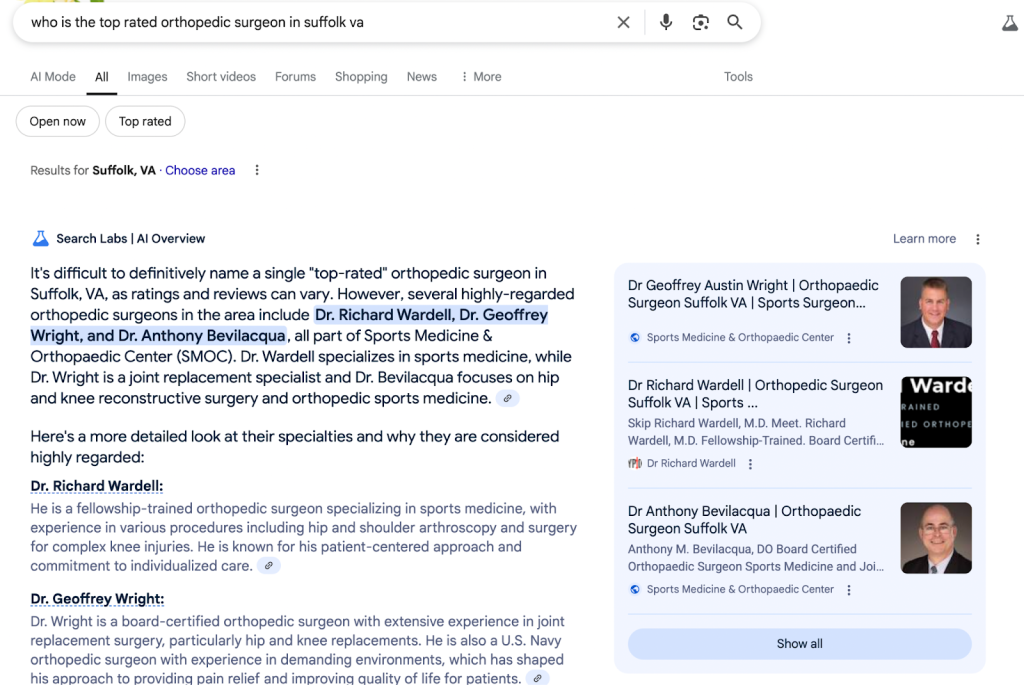 Screenshot of Google AI Overview Search Result - Who is the top rated orthopedic surgeon in Suffolk VA